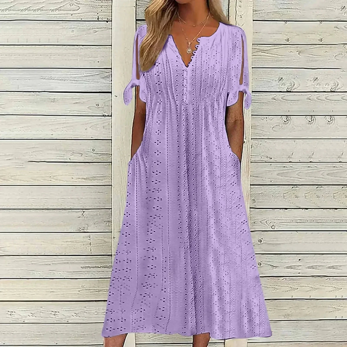Vestido de Renda Jana - Gola em V de Manga Curta (Verão 2026)