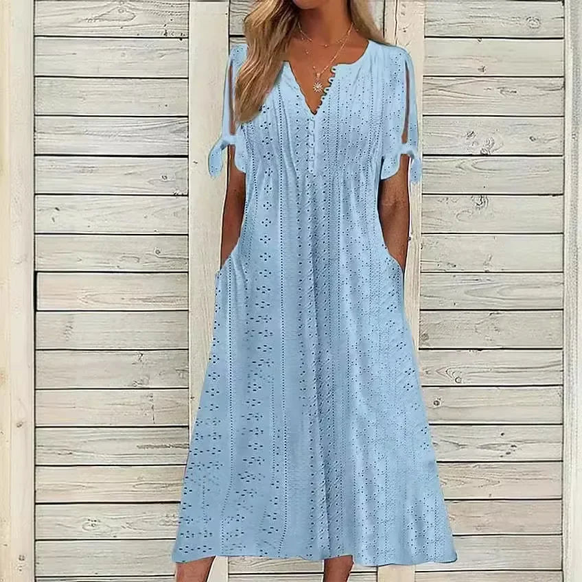 Vestido de Renda Jana - Gola em V de Manga Curta (Verão 2026)